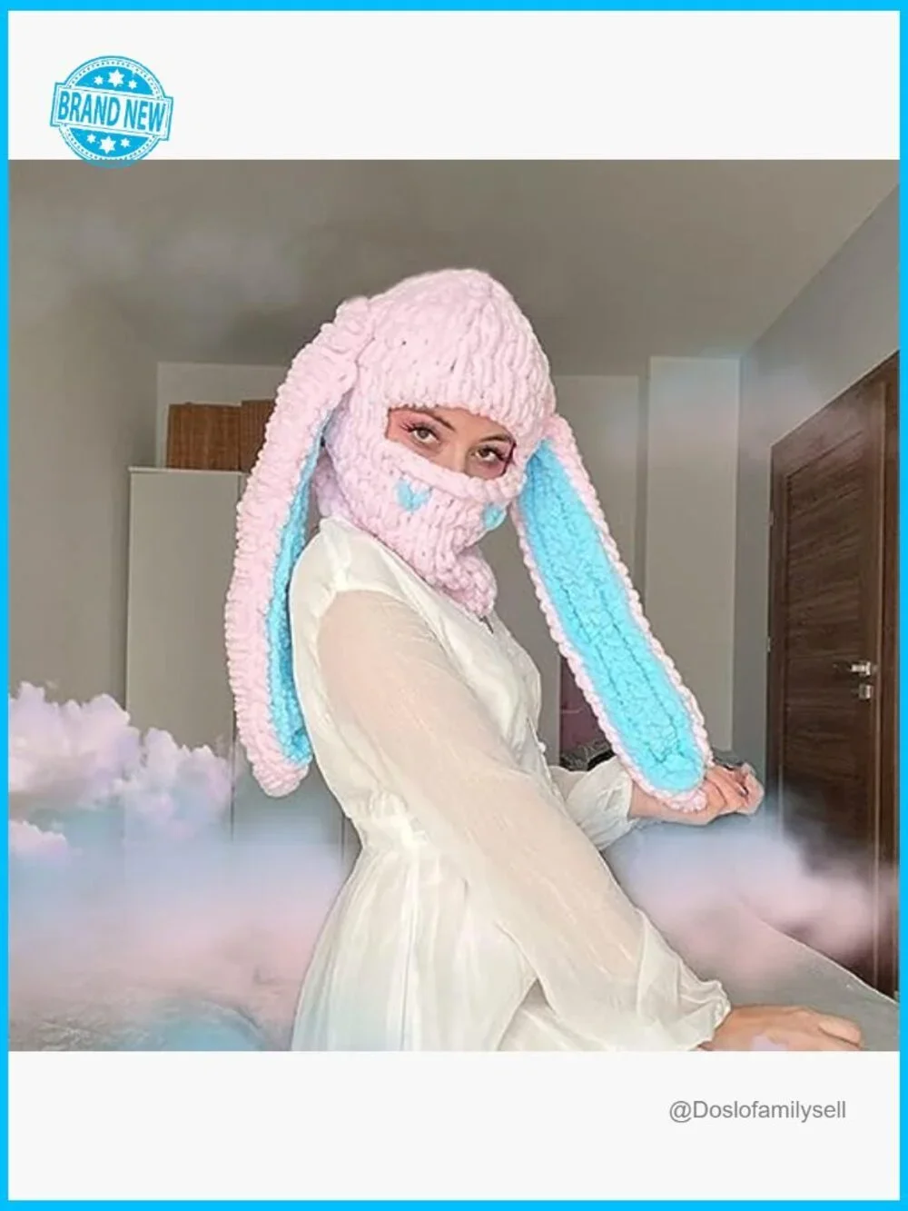 Y2K Knit Balaclava Bunny Ear Skull Beanie Slouchy Winter Warm Unisex Hat